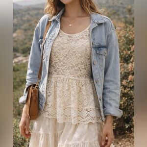 Ivory Lace Peplum Blouse Boho Cottagecore Romantic Layering Top